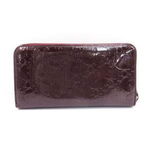 Christian Dior 総柄 長財布 ラウンドファスナー エナメル ボルドー AA