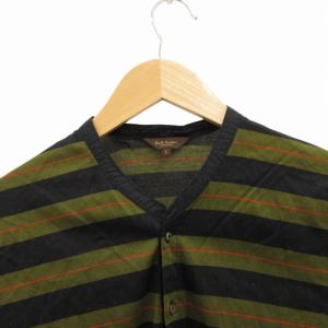 PAUL SMITH バンドカラーシャツ ボーダー 長袖 L 緑 グリーン 黒 ブラック