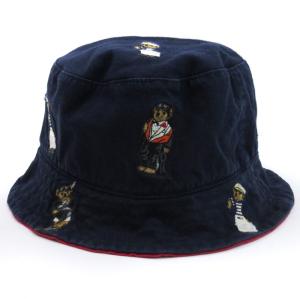 タグ付き バケットハット リバーシブル ポロベア刺繍 コットン ネイビー レッド S