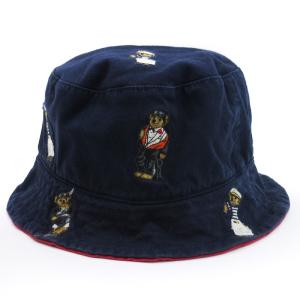 POLO RALPH LAUREN タグ付き バケットハット リバーシブル ポロベア刺繍 コットン ネイビー レッド S