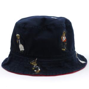 POLO RALPH LAUREN タグ付き バケットハット リバーシブル ポロベア刺繍 コットン ネイビー レッド S