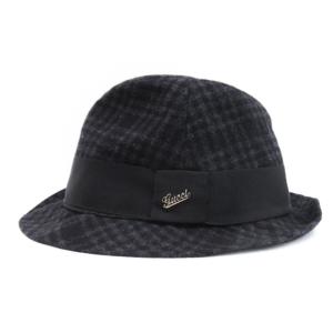GUCCI ハット 帽子 中折れ帽子 チェック カシミヤ混 ブラック XL