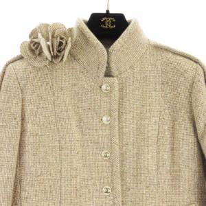CHANEL 03A カメリアブローチ カシミヤ 100％ ツイード ジャケット ベージュ 38