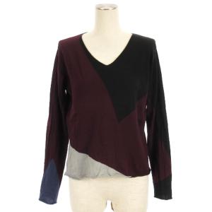 Vネック ニット カットソー 長袖 コットン ウール混 レッド系 M