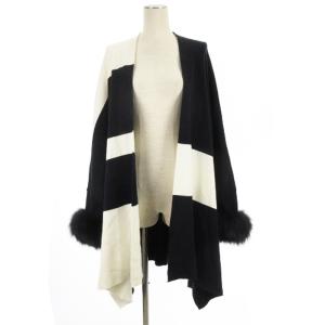 ファー付き ポンチョ カーディガン ニット ボーダー 長袖 36 ホワイト ネイビー 250318E