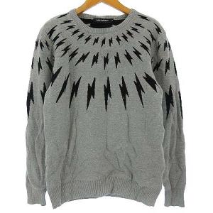 ニット プルオーバー セーター クルーネック ボルト 総柄 長袖  グレー M