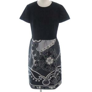 ワンピース タイト ドッキング切替 花柄 ブラック