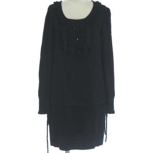 ニット ワンピース 長袖 膝丈 フリル スパンコール 切替 2 ブラック