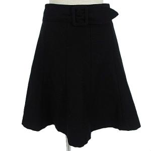 フレア スカート ベルト付 ウール チェック 膝丈 36 ブラック