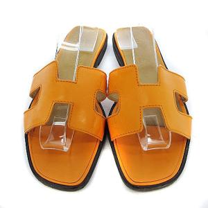HERMES Oran サンダル ミュール フラット H ロゴモチーフ レザー オレンジ
