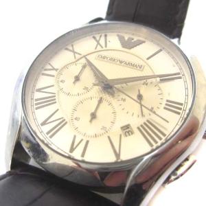 EMPORIO ARMANI AR-1786 腕時計 クォーツ クロノグラフ SS レザーバンド ベージュ文字盤 シルバーカラー ブラウン 茶 銀色