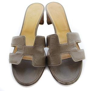 HERMES Oasis Hロゴ ヒール サンダル レザー グレー系