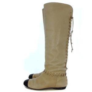 CHANEL ロングブーツ ココマーク バックレースアップ 37C ベージュ ブラック G27540