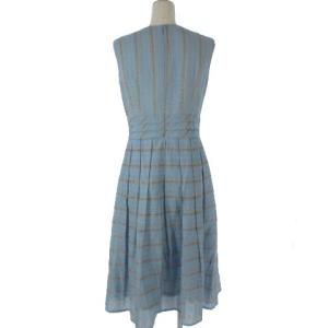 Leilian 美品 ワンピース ノースリーブ フレア ボーダー コットン シルク混 膝丈 9 水色