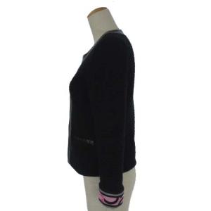 LEONARD FASHION ノーカラー ツイード ニット ジャケット 羊革 切替 ロールアップ ブラック