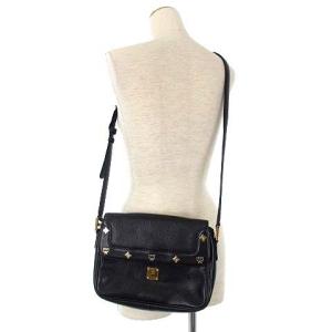 MCM ショルダーバッグ フラップ レザー ロゴ プレート ゴールド金具 ネイビー