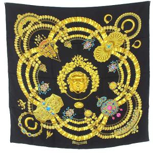 カレ 90 大判 スカーフ ストール シルク 絹100% 総柄 宇宙 黒 ゴールド