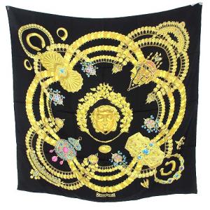 HERMES カレ 90 大判 スカーフ ストール シルク 絹100% 総柄 宇宙 黒 ゴールド