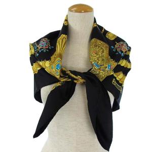 HERMES カレ 90 大判 スカーフ ストール シルク 絹100% 総柄 宇宙 黒 ゴールド