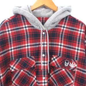 lucien pellat finet オーバーサイズドフードシャツ チェック スカル リーフ 赤 紺 白