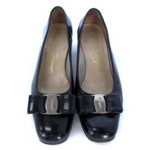 Salvatore Ferragamo ヴァラリボン パンプス スクエアトゥ チャンキーヒール レザー シルバー金具 ブラック 6 1