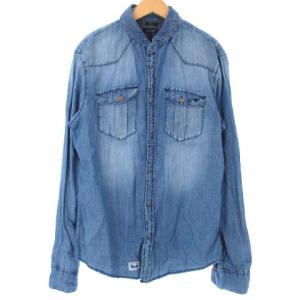 Slim デニムウエスタンシャツ ノーカラー 2WAY 長袖 USED加工 ロゴ 刺繍 インディゴ