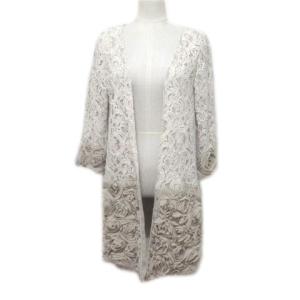 総レース ロング カーディガン 7分袖 七分袖 フラワーモチーフ ベージュ 36 S ボタンレス X