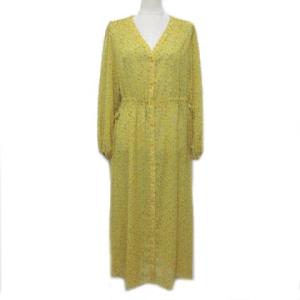 ワンピース ロング 花柄 長袖 マキシ丈 シースルー イエロー Vカラー ウエストマーク