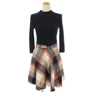 ニット ワンピース ひざ丈 長袖 チェック ドッキング ベルト ウール マルチカラー