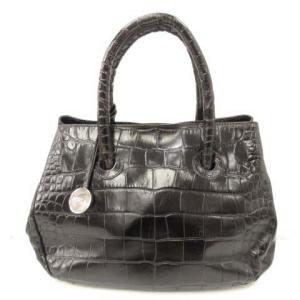 ハンドバッグ クロコ型押し ロゴストラップ レザー ブラック
