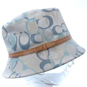 COACH シグネチャー バケットハット 帽子 総柄 レザー 牛革 コットン ホワイト ブルー