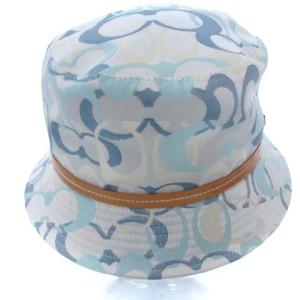 COACH シグネチャー バケットハット 帽子 総柄 レザー 牛革 コットン ホワイト ブルー