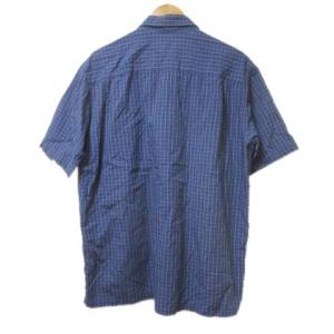 LANVIN CLASSIQUE シャツ 半袖 ボタンダウン チェック 青 ブルー L ロゴ刺繍 コットン 胸ポケット X