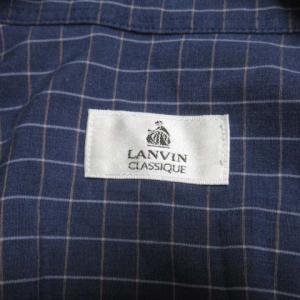 LANVIN CLASSIQUE シャツ 半袖 ボタンダウン チェック 青 ブルー L ロゴ刺繍 コットン 胸ポケット X