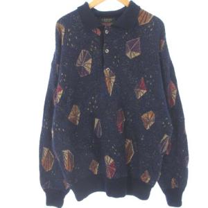 ニット セーター ハーフボタン プルオーバー 総柄 コットン ネイビー 紺 M