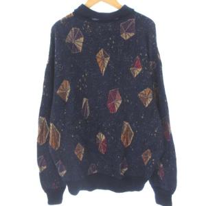 LANVIN ニット セーター ハーフボタン プルオーバー 総柄 コットン ネイビー 紺 M