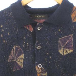 LANVIN ニット セーター ハーフボタン プルオーバー 総柄 コットン ネイビー 紺 M