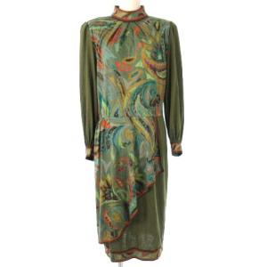 FASHION ワンピース ロング丈 シルク ウール 長袖 総柄 金ボタン ハイネック カーキ系 マルチカラー L ECR17