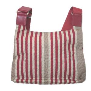 Longchamp ショルダー ストライプ バッグ 斜め掛け 赤 レッド ベージュ 布製 ECR17 X