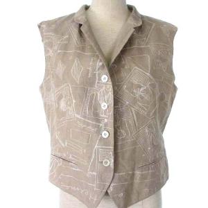 マルジェラ期 ベスト ジレ 前開き 総柄 リネン ベーシュ系 42 L位 ECR17