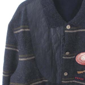 Papas SHOOTING SPORTS CLUB TOKYO ウールジャケット 切替 レザー 裏起毛 ワッペン ボーダー ネイビー