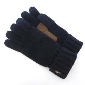 ポニー 刺繍 手袋 ウール 切替 羊革 スマホ対応 ネイビー 紺