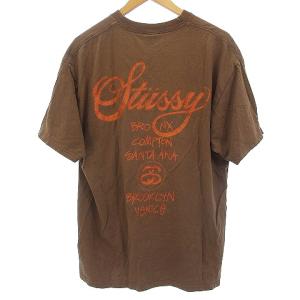 STUSSY ワールドツアー Tシャツ カットソー 半袖 ラメ クルーネック コットン L 茶 ブラウン