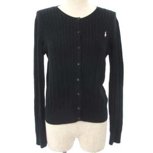 ニット カーディガン ケーブル ロゴ 刺繍 ワンポイント コットン ブラック 黒 XL