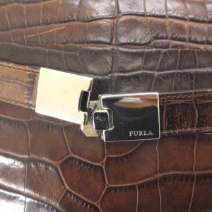 FURLA クロコ型押し レザー トートバッグ ハンド ブラウン 茶 カバン 鞄 GY01