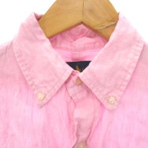 RALPH LAUREN CLASSIC FIT リネンシャツ 半袖 ボタンダウン ロゴ 刺繍 ワンポイント ピンク SP S位 GY01