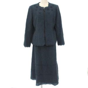 セットアップ ノーカラー ジャケット スカート ひざ丈 刺繍 ウール ブルー 青系 13+ XL位 大きいサイズ YGT