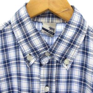 STUSSY シャツ チェック 半袖 ボタンダウン ロゴ 刺繍 コットン ブルー 青 M GY01