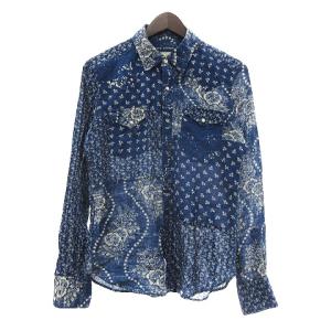 ウエスタン シャツ 長袖 レギュラーカラー 薄手 ペイズリー風 花柄 コットン 青 ブルー 11 M位 GY12