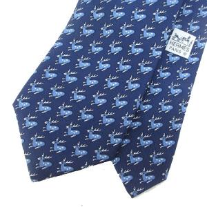 HERMES 5278SA ネクタイ レギュラータイ 総柄 トナカイ柄 シルク100％ ネイビー 紺 IBO43